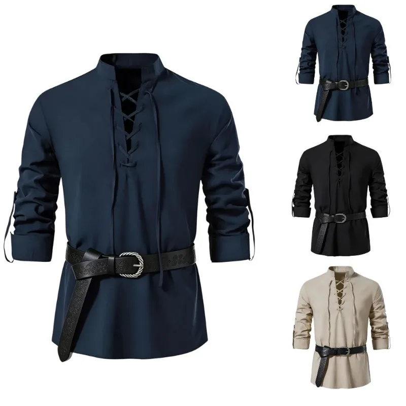 Camisa Medieval Viking Masculi - Medieval Gothic Lace Up Pirate Shirt avaliação e preço
