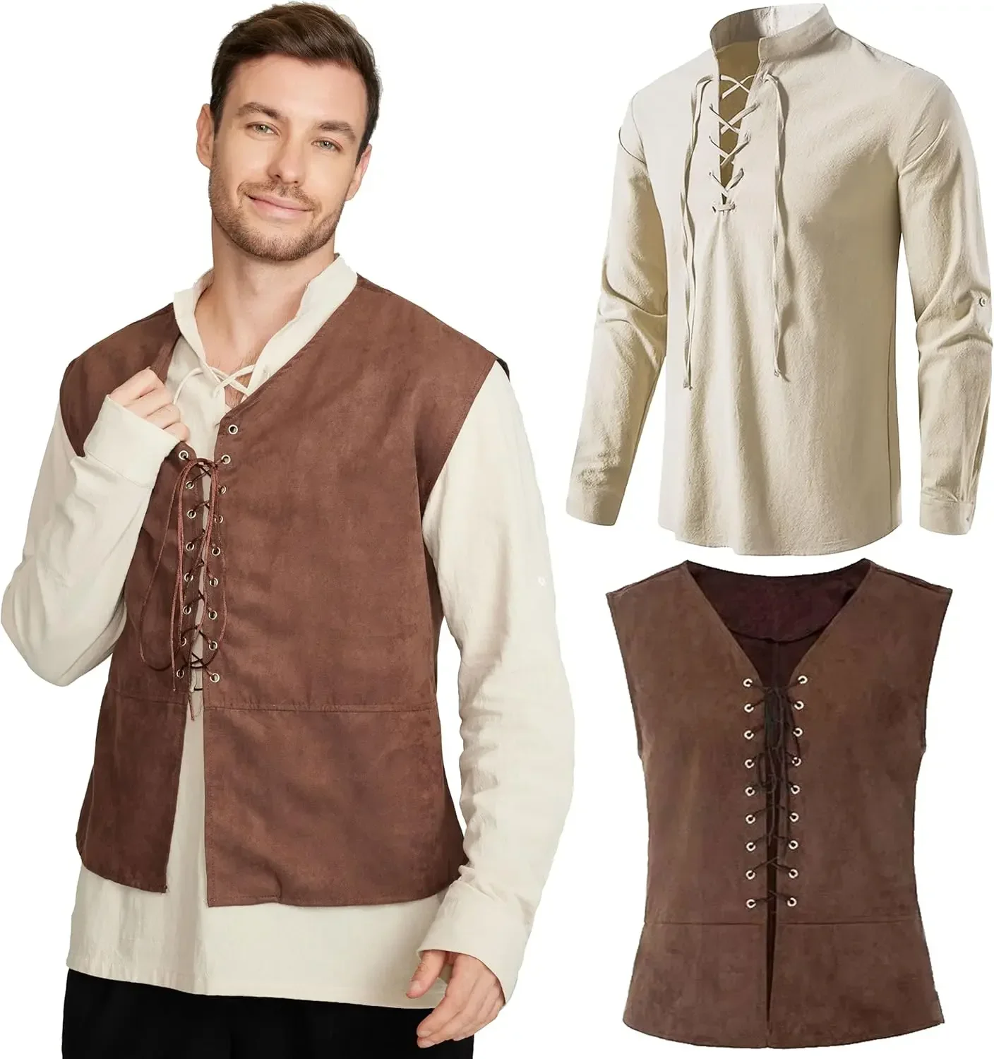 Conjunto de 2 Peças: Colete de - Medieval Gothic Lace Up Pirate Shirt avaliação e preço