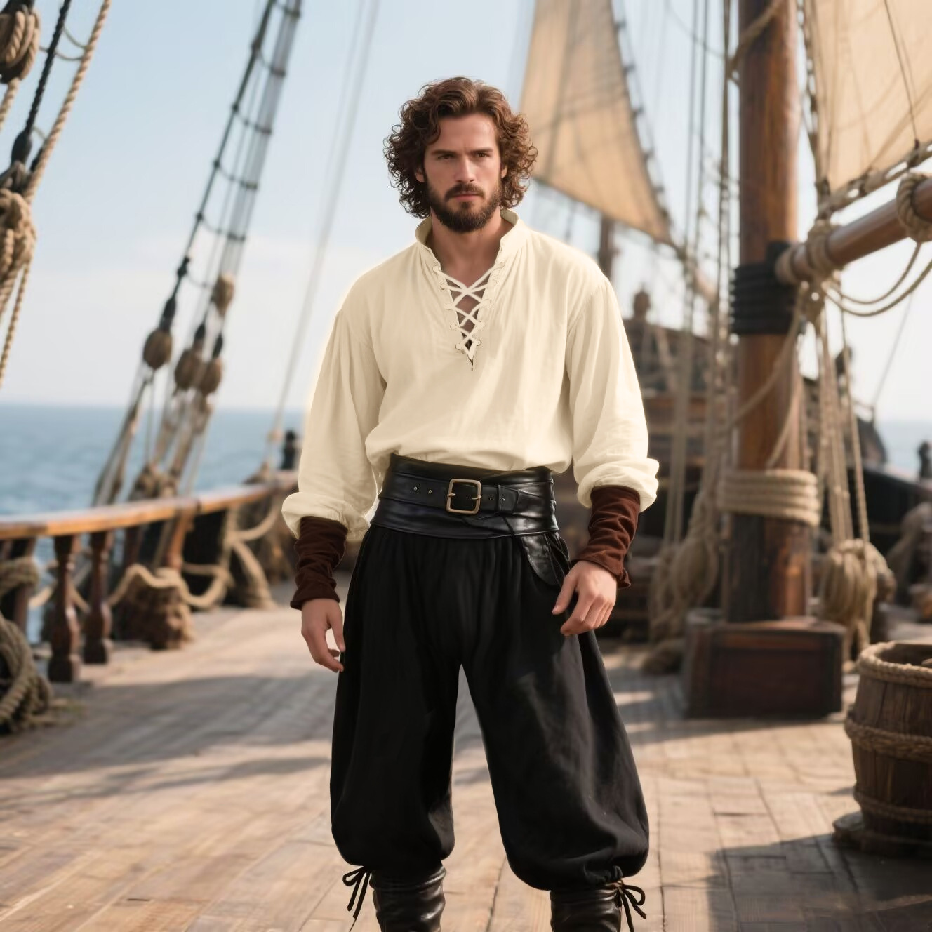 Fantasia de Pirata para Hallow - Medieval Gothic Lace Up Pirate Shirt avaliação e preço